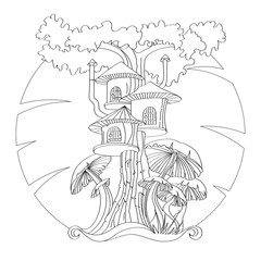 Cartoon house in a tree and with red mushrooms around. Vector.