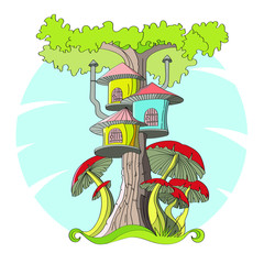 Cartoon house in a tree and with red mushrooms around. Vector.