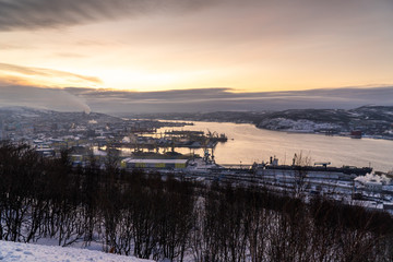 Winter views of the city and the Kola Bay from high hills in the vicinity of Murmansk.
