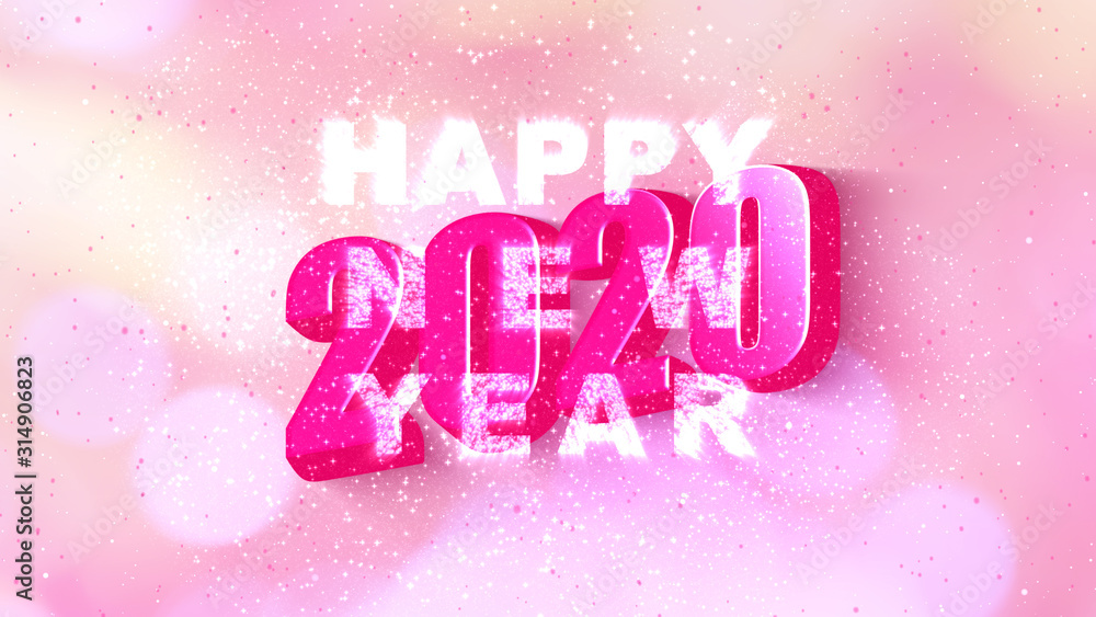 Wall mural illustration happy new year 2020 with text simple shadow style with pink color bokeh blur and firewo