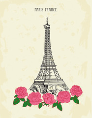 Retro postcard with Eiffel tower and pink roses. Paris, France.