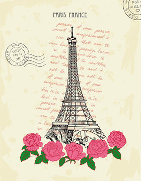 Retro postcard with Eiffel tower and pink roses. Paris, France.