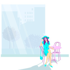 A girl sits at a table in a street cafe. Reflection of houses and trees in a glass of showcase. Copy space.Vector illustration.