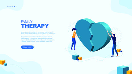 Trendy flat illustration. Man and woman connect the two halves of a broken heart. Family therapy page concept. Family psychologist. Template for your design works. Vector graphics.