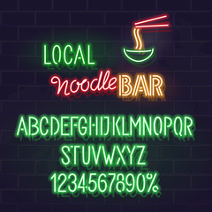 Fototapeta premium Logo or advertisement template for local noodle bar. Isolated neon alphabet, handwritter typography, tiny icon on brick wall background.
