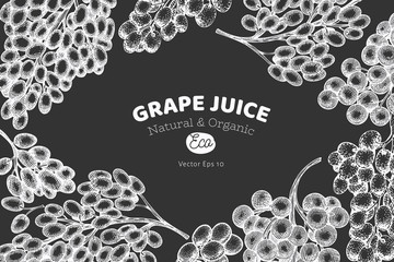 Grape design template. Hand drawn vector grape berry illustration on chalk board. Engraved style retro botanical banner.