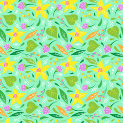 Summer seamless pattern. Floral print for textiles. Daffodils and plants on a light turquoise background. Doodle style
