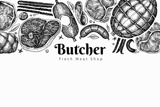Vintage vector meat products design template. Hand drawn ham, sausages, jamon, spices and herbs. Raw food ingredients. Retro illustration. Can be use for restaurant menu.