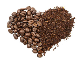 Top view of Coffee beans and roast ground coffee in heart shape white background isolated