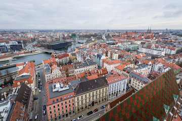 Fototapeta premium View from tower of St Elisabeth basilica, located in historic part of Wroclaw city, Poland