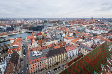 Fototapeta na wymiar View from tower of St Elisabeth basilica, located in historic part of Wroclaw city, Poland