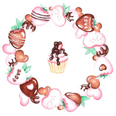 Round frame with sweets and cakes.