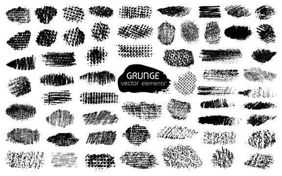 Set of rough grunge textures. Brush strokes, brushes. Doodles set. Black sketches. Scrawl elements. Vector illustration. 