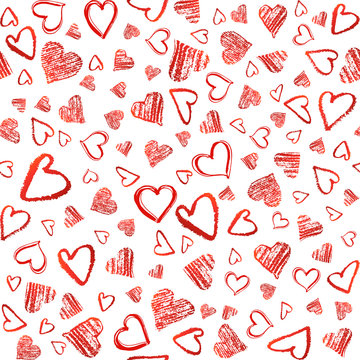 Hand drawn doodle seamless pattern of red hearts for St. Valentine's day. Vector illustration.