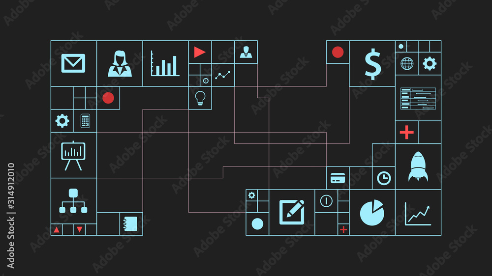 Poster front view of a futuristic grid with icons about business and finance, conceptof global and moderm b