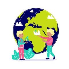 Fototapeta na wymiar Kids take care about Earth. Children protect planet. Ecology environment attention concept with child and globe. Vector illustration flat cartoon style.