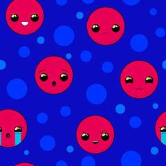 Kawaii red ball seamless pattern for wallpaper, package, stickers. Circles in cartoon funny style. Flat stock vector illustration eps10 isolated on white background. Kawaii trendy stickers set