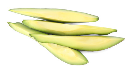 Slices of tasty ripe avocado on white background, top view