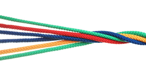 Twisted colorful ropes isolated on white. Unity concept © New Africa