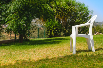 White plastic chair on the green grass in the garden among palms.