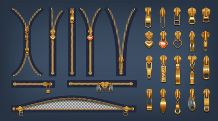 A set of metal zippers and sliders with pendants. Realistic style.Closed and open clasps for gold color design. Isolated on a dark background. Vector illustration © olgadanilina