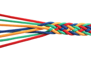 Braided colorful ropes on white background. Unity concept