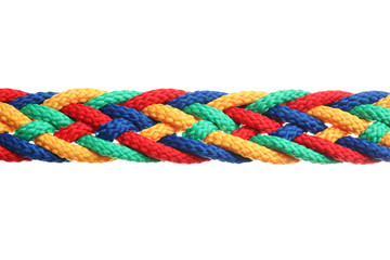 Braided colorful ropes on white background. Unity concept