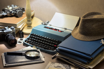 Investigator desk with confidential documents, vintage typewriter, camera, magnifying glass. Secret...