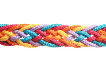 Braided colorful ropes on white background. Unity concept