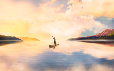 Fototapeta premium A man looks at a beautiful sunset.