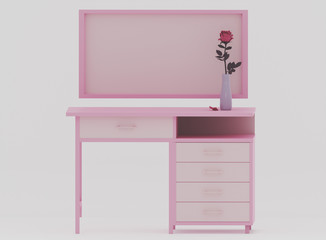 a rose in a vase on a table; a frame or a board hangs on the wall. Isometric view. 3d render