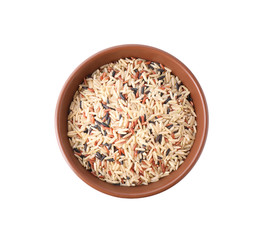 Mix of different brown rice in bowl isolated on white, top view