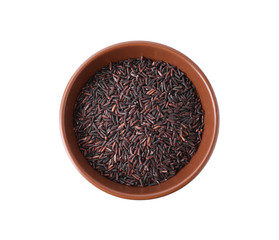 Brown rice in bowl isolated on white, top view
