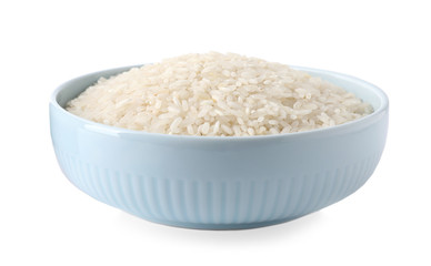 Uncooked rice in bowl isolated on white