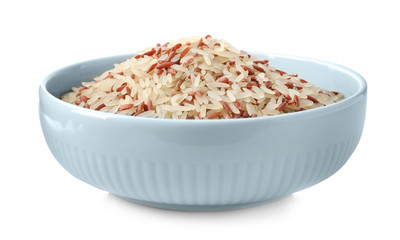 Mix of brown and polished rice in bowl isolated on white