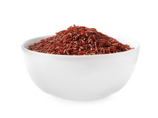 Brown rice in bowl isolated on white