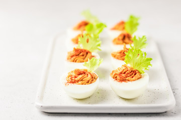 Bloody Mary deviled eggs. Selective focus, space for text.