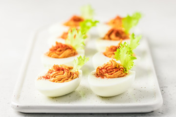 Bloody Mary deviled eggs. Selective focus, space for text.