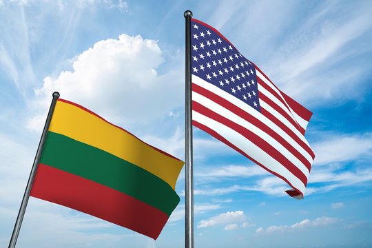 3D illustration of USA and Lithuania fla