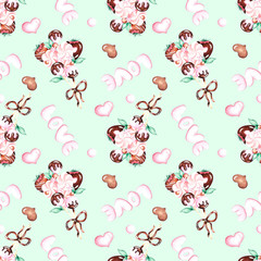 Seamless pattern with the image of sweets on a pale green background.