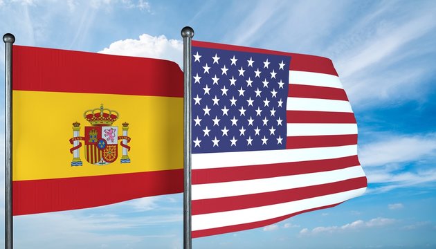 3D illustration of USA and Spain flag