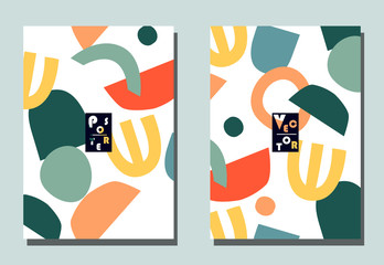 Cover with graphic elements - abstract shapes. Two modern vector flyers in puzzle  style. Geometric wallpaper for business brochure, cover design.