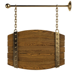 Barrel shaped wooden signboard hanging on chains. Isolated, clipping path included. 3d illustration