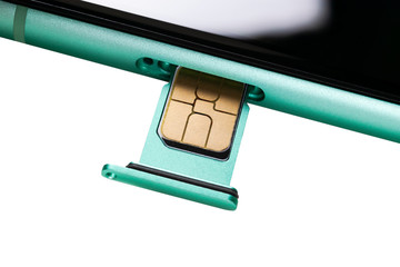 Modern mobile phone and sim card isolated on a white background. Smartphone with nano Sim Card and...