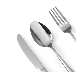 Set of cutlery spoon, fork and knife stainless steel isolated on white background