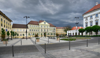 SZOMBATHELY / HUNGARY, APRIL 27, 2019. Late afternoon with stormy clouds above the Labor Center of...