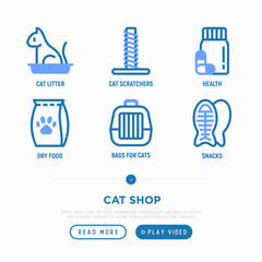 Cat shop thin line isometric icons set: litter box, scratchers for cats, pet supplements, cat food, bags for transportation, pet snacks. Modern vector illustration.