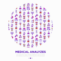 Medical analyzes concept in circle with thin line icons: blood test, urine test, stool, ECG, mammography, sperm, DNA, ultrasound, EEG, X-ray, gastroscopy. Vector illustration for laboratory web page.