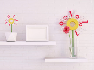 Mock up picture frame and pink gerbera daisy with digital flower in glass vase on shelf against white brick wall 3d rendering, 3d illustration