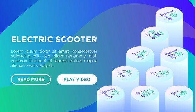 Electric scooter web page template with thin line isometric icons: sharing service, mobile app, QR code, parking, helmet, eco transport, pointer. Modern vector illustration.
